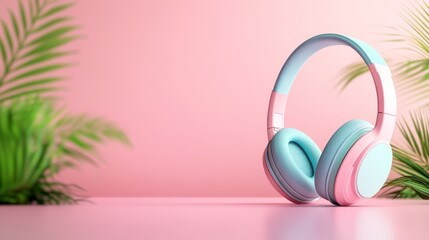 Stylish 3D Headphone Model on Soft Pink Background with Plants