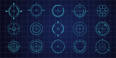 Hud aim pointer optical target, Futuristic focus range indicators, laser crosshair collimator sight. Measurement sniper for sniper gun. Game interface design ui element