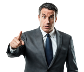 Confident businessman pointing forward with a serious expression, isolated on transparent cutout background
