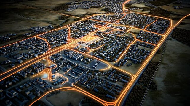 Detailed aerial view of a city illuminated by streetlights at night showcasing urban layout and road connections