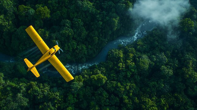 Yellow Plane Over Lush Rainforest 