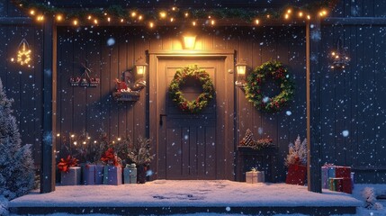 Obraz premium Festive Christmas Porch Decorated With Wreaths And Gifts