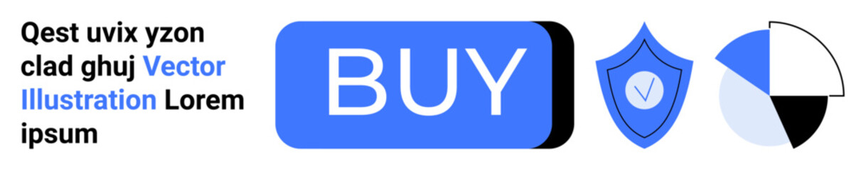 Large blue BUY button, security shield icon, pie chart, and sample text. Ideal for e-commerce, online shopping, digital security, web interfaces, UIUX design, infographics, marketing. Landing page