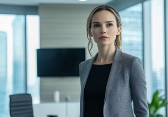 Modern beige-themed conference room in a startup office, featuring a white European female entrepreneur, blank blackboard, and minimalist decorative elements, fostering a creative and professional wor