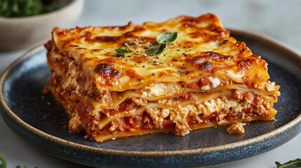 Lasagna Delight: A mouthwatering close-up of a freshly baked lasagna, showcasing layers of pasta, rich sauce, and melted cheese, garnished with fresh herbs.