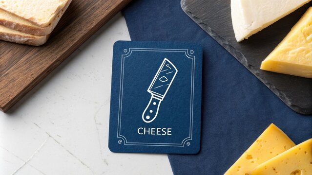 Blue cheese sign with a knife icon displayed on a table with sliced bread on a wooden board and cheese wedges on a slate plate, creating an inviting culinary scene