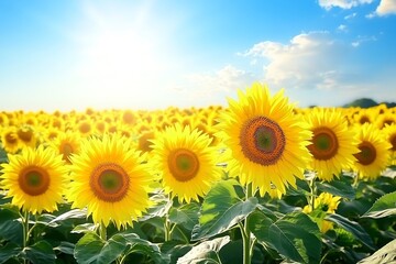 Obraz premium A vibrant field of sunflowers under a bright blue sky, radiating warmth and beauty.