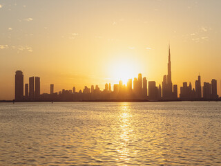 City skyline at sunset, Silhouette of skyline at Sunset, Dubai Downtown silhouette skyline...