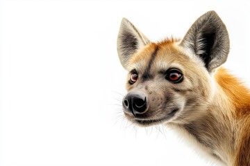 Studio photo of a hyena isolated against a white background. Wildlife and conservation concept, space for copy.