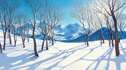 Winter Landscape with Snowy Mountains and Leafless Trees