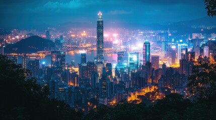 Fototapeta premium Night cityscape panorama, vibrant city lights, illuminated skyscrapers, high-angle view.
