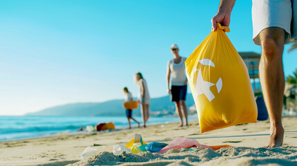 A group of dedicated volunteers gathers trash along a sunny beach, promoting environmental health and sustainability