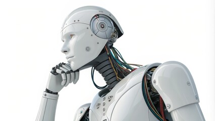 White Robot's Contemplation Side Profile Composition, Detailed Mechanics, AI Concept. AI, Robot, Android