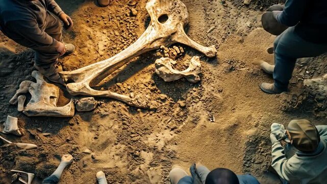 A detailed fossil excavation in progress, with archaeologists uncovering ancient bones from the earth.