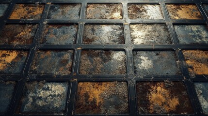 A heavily worn metallic grid platform, with peeling paint and visible signs of age
