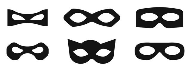 Incognito mask, villain or robber hide face element, black silhouette mystery costume icon. Superhero or carnival bandit burgar 