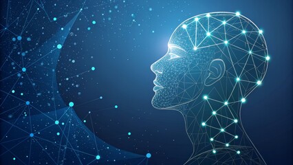 Side Profile,Wireframe Head,Blue Network,AI Concept. Digital Brain,Neural Network,Artificial Intelligence