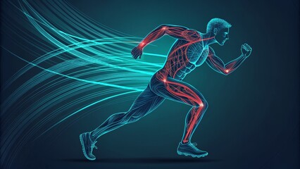 Fototapeta premium Side View Anatomy Runner Abstract Muscle Composition, Glowing Lines, Motion Concept, Human Physiology Athletic Anatomy, Running, Kinesiology