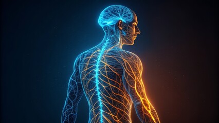 Side Profile Glowing Nervous System Anatomy, Blue and Orange, 3D Render, Human Body, Neural Pathways Nervous System, Anatomy, 3D Rendering