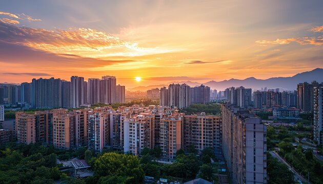 Aerial view of a vibrant urban landscape at sunset, showcasing the blend of nature and architecture - Powered by Adobe