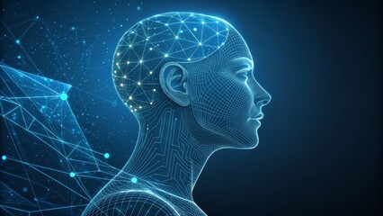 Obraz premium Profile View Wireframe Head, Glowing Network, Digital Mind Concept, AI, Neural Network, Data Visualization AI, Digital Art