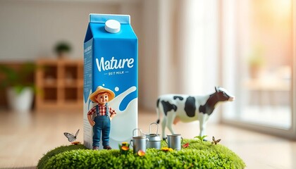 Miniature Farmer Stands Beside Carton Of Nature Milk