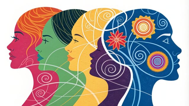 Profile View Composition Four Women, Abstract Floral and Swirl Design, Inner World Concept Keywords Women, Abstract Art, Inner Self