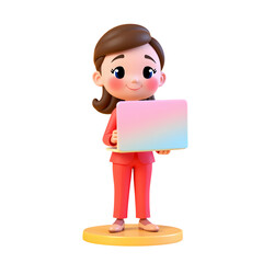 Colorful 3D Cartoon Businesswoman Holding Gradient Laptop, Isolated on Transparent Background, Fun Minimalist Design for Whimsical Concepts