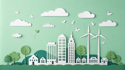 Obraz premium Paper Art Cityscape Green Eco-Friendly City with Wind Turbines, Birds and Butterflies, Paper Cutout Composition. Green City, Eco-Friendly, Sustainable Design