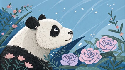Panda in Bloom Profile View, Acrylic on Canvas, Floral Background, Peaceful Serenity, Panda Art, Floral Illustration, Animal Portrait Panda