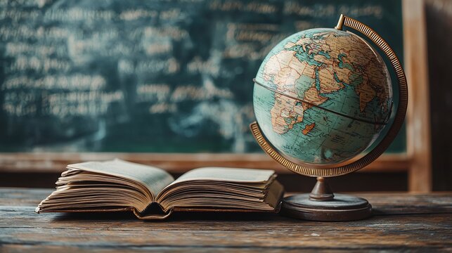 Educational Desk with Books Globe and Chalkboard   Classroom Learning Environment