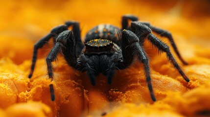 Close-up of a black spider with yellow markings on an orange surface.
