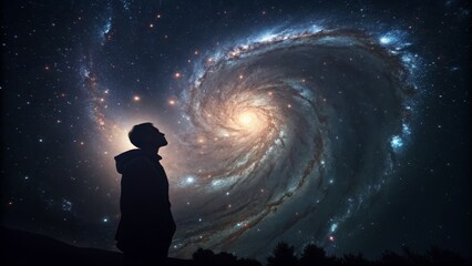 Fototapeta premium Man Gazing at Spiral Galaxy Silhouette Composition, Night Sky, Cosmic Wonder, Milky Way. Astronomy, Space, Galaxy