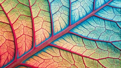 Obraz premium Macro View Leaf Vein Network, Colorful Abstract, Red and Blue Hues, Nature's Intricate Design, Botany, Leaf Structure, Plant Anatomy Botany