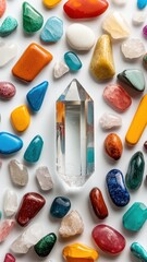 A striking arrangement of colorful gemstones and a clear crystal point set against a light background, showcasing natural beauty and vibrancy.