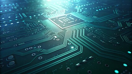 High-Angle View of Circuit Board Composition Teal PCB with Central Processor, Digital Technology Concept Keywords Technology, Circuitry, Motherboard