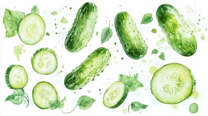 Watercolor Illustration of Fresh Cucumbers