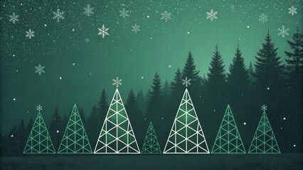 Geometric Christmas Trees in Snowy Forest, Teal Green Composition, Abstract Design, Winter Wonderland Christmas, Winter, Holiday