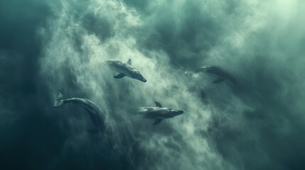 Fototapeta premium A group of marine animals struggling to breathe as they swim through a cloud of particulate matter released from ship exhausts.