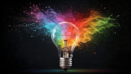 Front View Rainbow Lightbulb Explosion Composition, Colorful Smoke and Sparkles, Creative Idea, Lightbulb, Inspiration, Creativity Lightbulb, Creativity