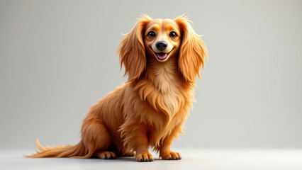 Naklejka premium A cute long-haired dachshund puppy sitting on a white surface, looking upwards with a happy expression.