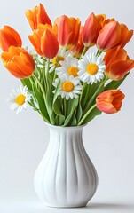 A white vase with orange tulips and yellow daisies on the table, against a white background, with ample copy space for text. The style is minimalistic, clean, and simple