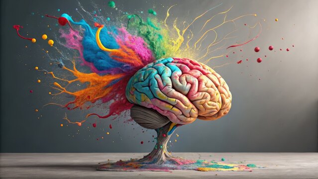 Exploding Brain A Colorful Composition, 3D Render of Brain with Paint Splash, Creativity Concept. Brain, Creativity, 3D