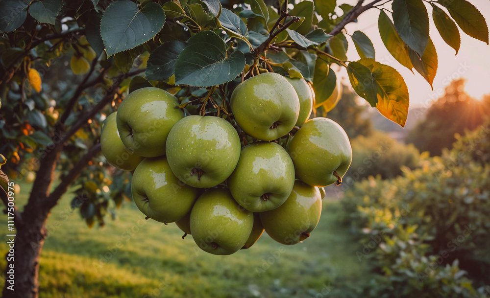 Poster Bunch of green apples hanging from a tree. The tree is in a field