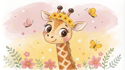 Obraz premium Cute Giraffe with Flower Crown Watercolor Portrait, Floral Background, Butterflies, Yellow and Pink Tones Giraffe, Watercolor art, Floral Illustration