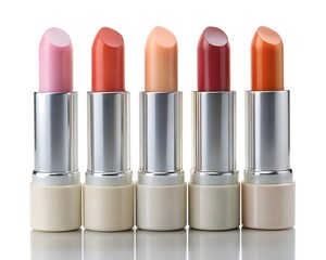 Five stylish lipstick shades stand in a row, each with a sleek silver and cream casing. From soft pink to bold orange, these colors offer choices for diverse looks and moods