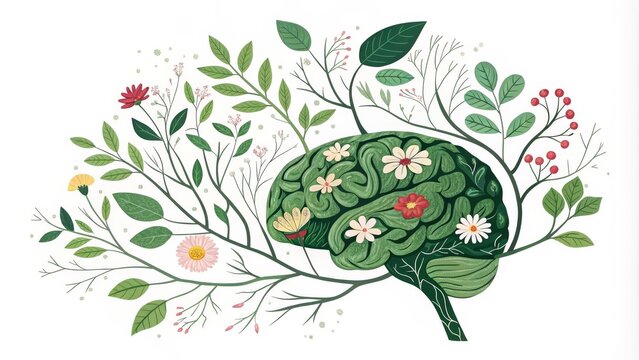 Botanical Brain Side View Composition, Green and Floral Illustration, Mental Wellness Concept Mental health, Brain art, Floral design