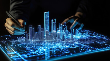 An architect brings architectural designs to life with 3D holographic construction models. The concept of innovation in architecture and futuristic design. Generative Ai. 