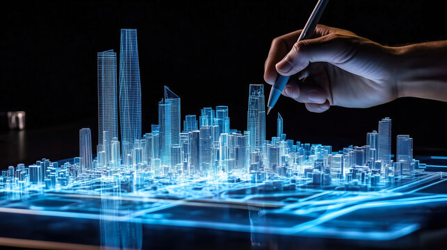 An architect brings architectural designs to life with 3D holographic construction models. The concept of innovation in architecture and futuristic design. Generative Ai. 