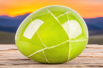 Green Jade Egg Resting On Wooden Surface At Sunset